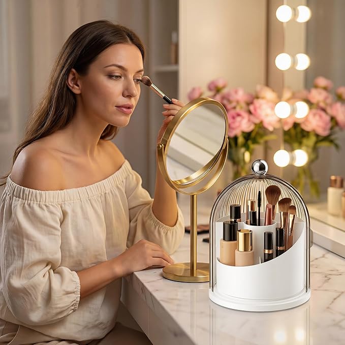 Makeup Brush Holder with Lid, 360ÃÂ° Rotating Cosmetic Organizer for Vanity, Covered Beauty Brushes Holder for Bathroom, Skincare Storage for Corner Countertop