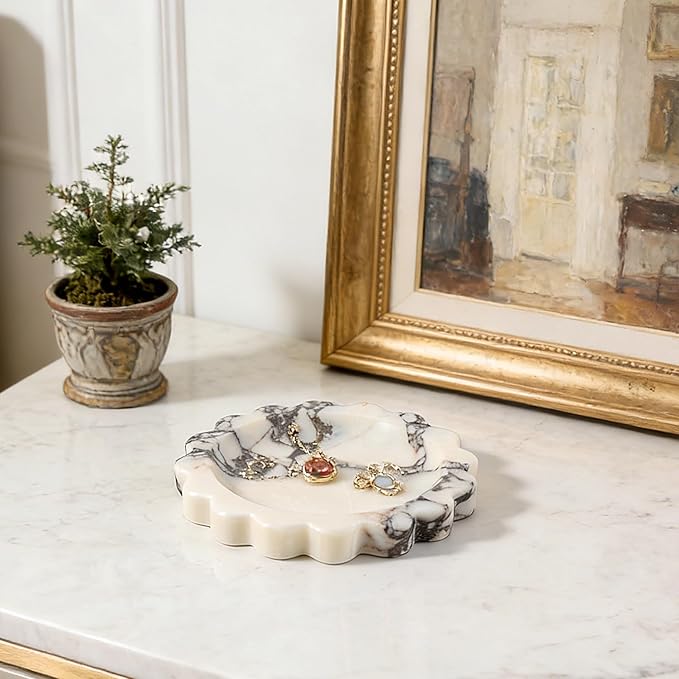 Koville 5.51" Scalloped Calacatta Viola Marble Tray, Round Stone Jewelry Trinket Dish for Ring, Natural Small Marble Tray for Bathroom Kitchen Dresser Countertop, Decorative Candle Tray