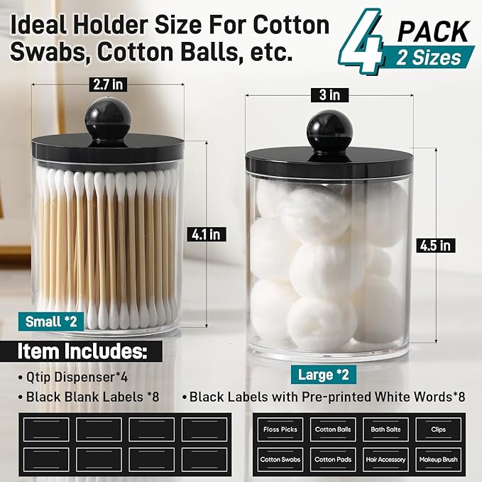 4 Pack Acrylic Qtip Holder Dispenser for Cotton Swabs, Balls, Pads, Floss - Plastic Canister Apothecary Jar Set, Bathroom Essentials Accessories Decor Vanity Makeup Storage Organizer - Clear & Black