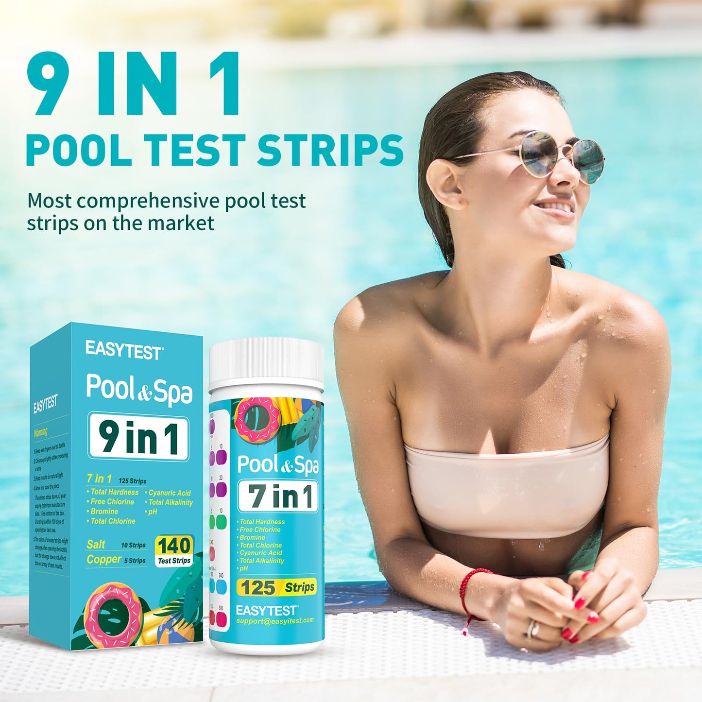 EASYTEST 9-Way Pool Test Strips, 140 Strips for Hot tub and Spa, Accurate Testing pH, Total Chlorine, Free Chlorine, Bromine, Alkalinity, Total Hardness, Cyanuric Acid, Salt and Copper
