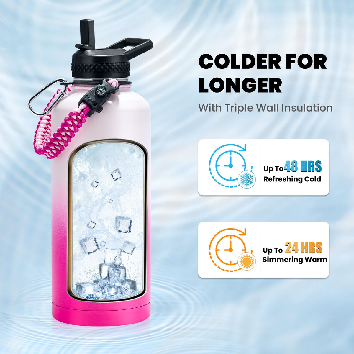 RAYMYLO Insulated Water Bottle 87 oz, Triple Wall Vacuum Stainless Steel (Cold for 48 Hrs), Leak Proof & Non-BPA, Modern Water Flask Jug with Paracord Handle & Straw Spout Lids, Ombre Pink