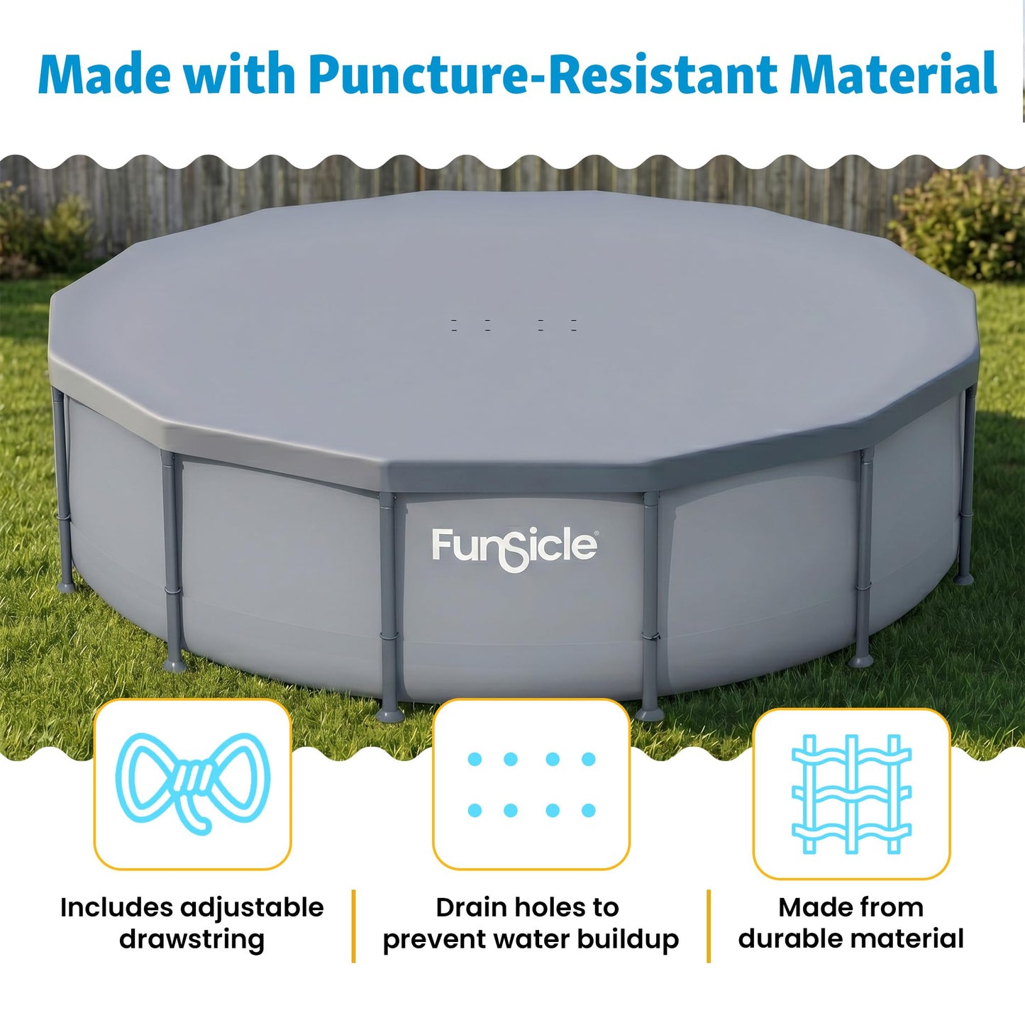 Funsicle 14 Foot Durable Round Pool Cover with Adjustable Drawstring for Oasis, Activity, Quickset and Above Ground Outdoor Swimming Pool, Gray