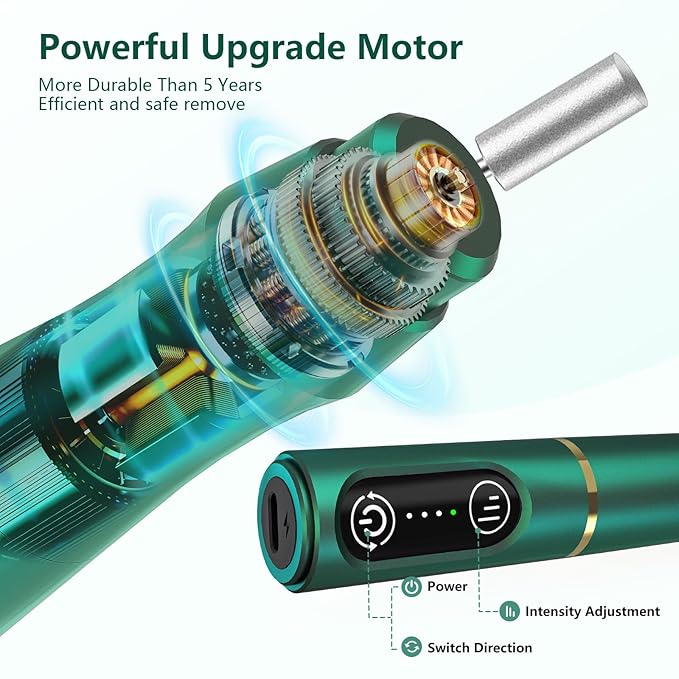 Cordless Nail Drill Electric Rechargeable File Kit, Professional Efile Acrylic Gel Nail Polish Remover Pedicure Manicure Machine Portable Set with 11 Bits 56 Sanding Bands Salon Blackish Green