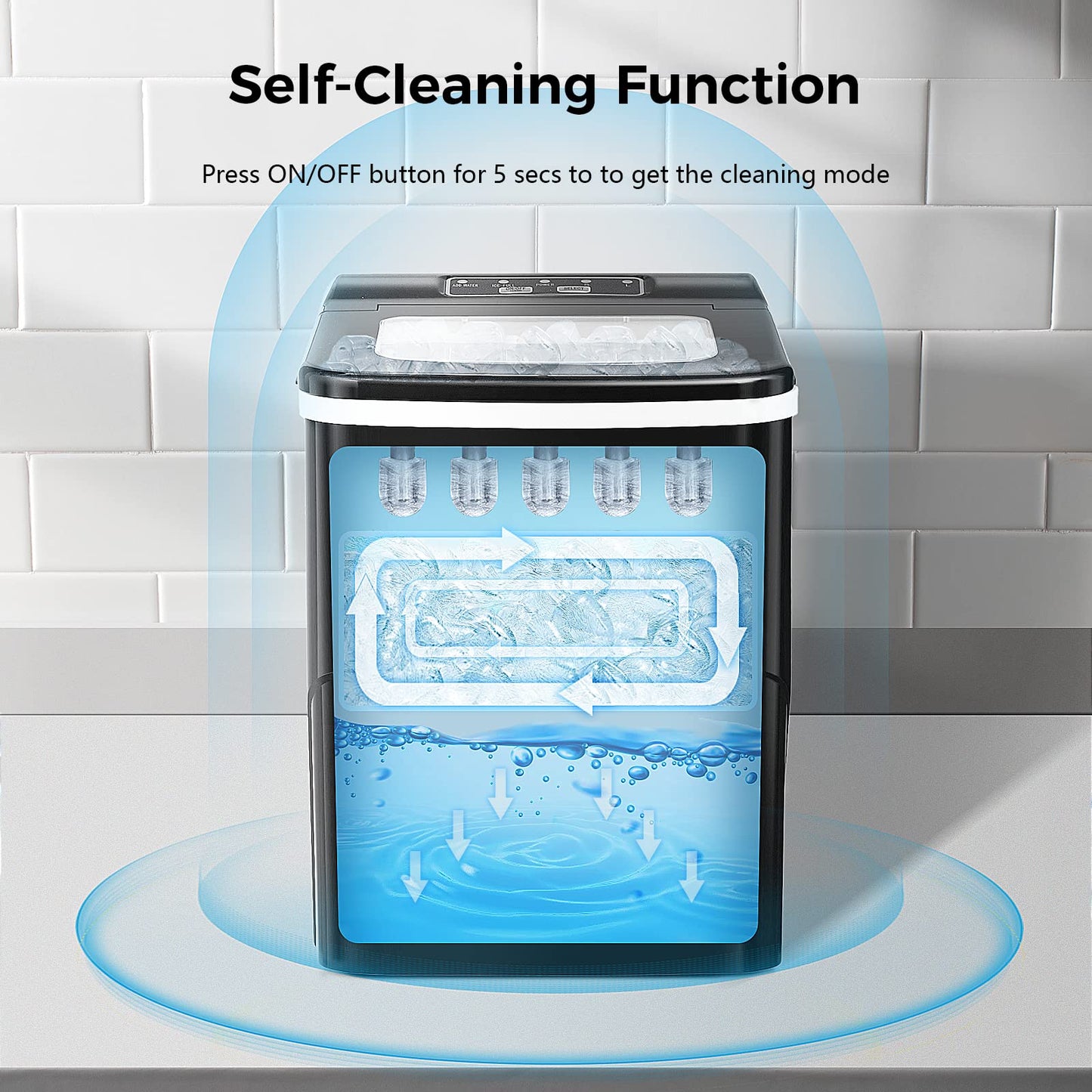 AGLUCKY Ice Makers Countertop with Self-Cleaning, 26lbs/24hrs, 9 Cubes Ready in 6 Mins, Portable Ice Machine with 2 Sizes Bullet Ice/Ice Scoop/Basket for Home/Kitchen/Office/Bar/Party, Black