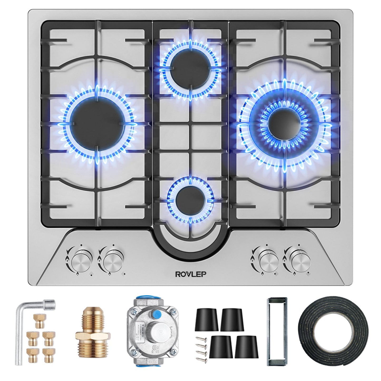 Gas Cooktop 24 Inch ROVLEP, Gas Stove Top Built-in 4 Burners Stainless Steel Total 31,600 BTU, 24Inch NG/LPG Convertible Propane Cooktop Dual Fuel, RV Stove Top with Thermocouple Protect