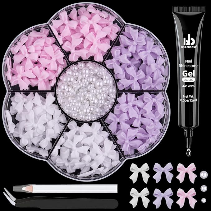 120 Pcs 3D Nail Bow Charms + 2-4mm Nail Pearls Set 3, Pink White Lilac Bow Nail Charms and White Flatback Pearls with Nail Charm Glue Gel(UV Needed) and Pickup Tools for Nail Art Decoration