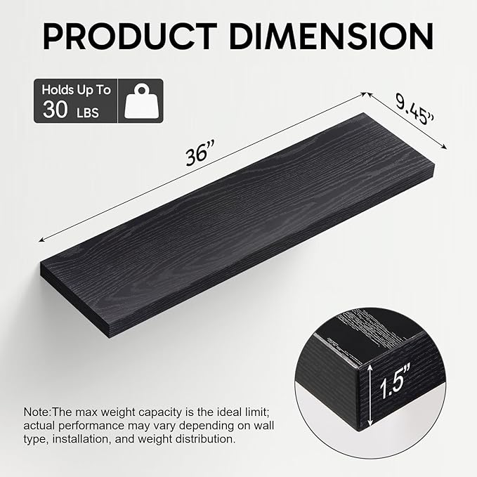 BAYKA Floating Shelves for Wall, Set of 3, 36 Inches Long Black Wall Mounted Rustic Wood Shelves for Bathroom, Bedroom, Living Room or Kitchen, for Book/Storage/Decor with 30lbs Capacity