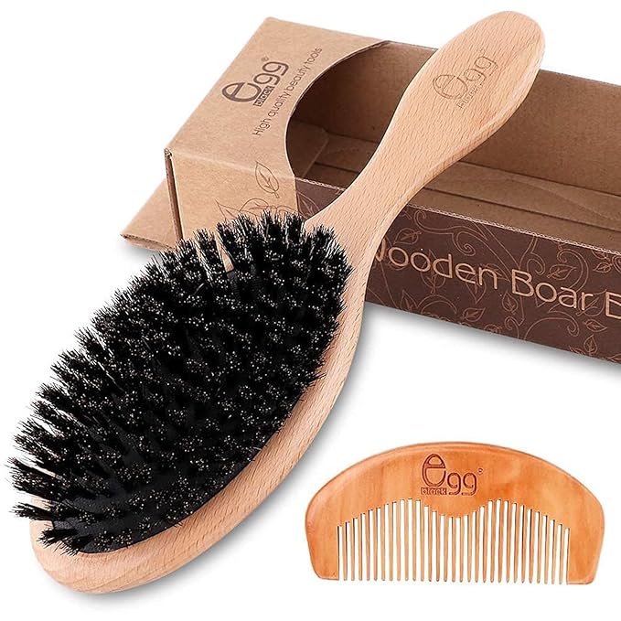 BLACK EGG Boar Bristle Hair Brush for Women Men Kid, Soft Natural Bristles Brush for Thin and Fine Hair, Restore Shine and Texture, Set includes Bamboo comb and 3 hair ties, Valentine’s Day Gift