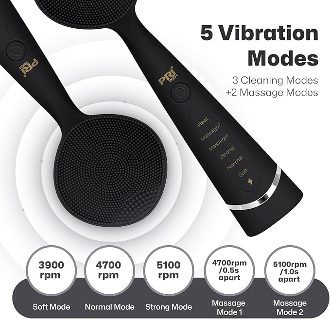 PRITECH Facial Cleansing Brush with 42ÃÂ° ConstantÃ¢ÂÂTemperature Heating Ã¢ÂÂ Rechargeable Silicone Face Scrubber for Deep Pore Cleaning, Waterproof Vibrating Exfoliator for Women & Men (Black)