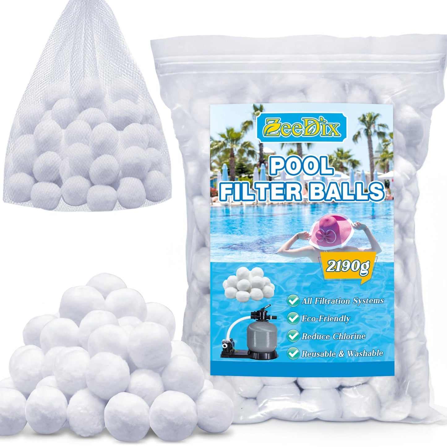 ZeeDix 4.8 lbs Pool Filter Balls for Sand Filter Pump, New Upgrade Efficient Swimming Pool Filter Sand Alternative(Equals 150 lbs Pool Filter Sand), Reusable Eco-Friendly Fiber Filter Media Balls