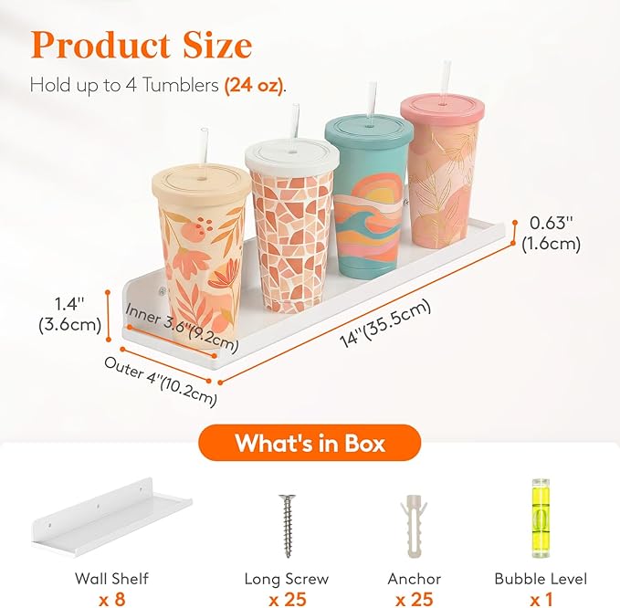 Lifewit Floating Shelves for Wall, Acrylic Display Shelf Wall Mounted for Figure, Car, Art, Book, 14" Perfume Organizer for Bathroom, Bedroom, Living Room, Nursery, Home Decor, White, 8 Pack