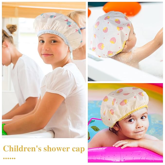 Waterproof Shower Caps, 3 Pcs Plastic Reusable Shower Caps Elastic Band Bath Caps for Women, Kids (Food)