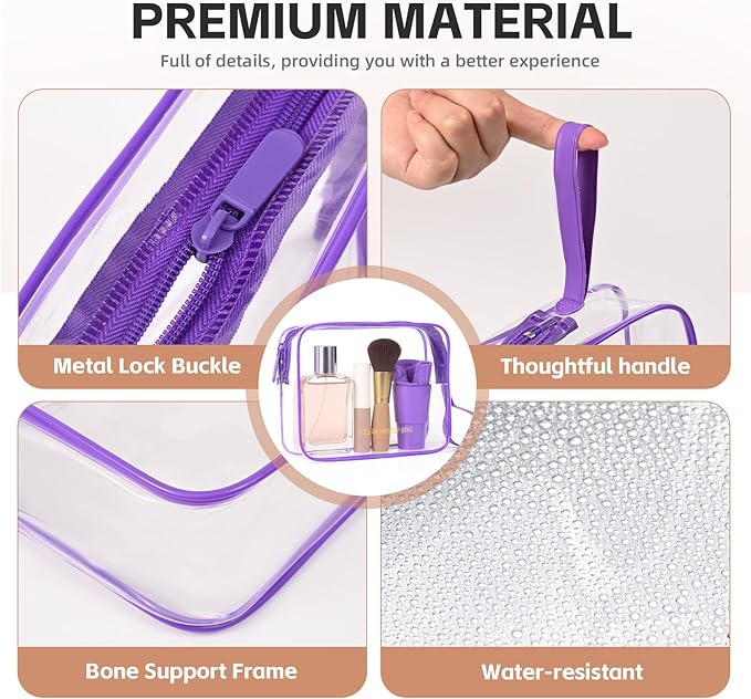 Clear Makeup Bag,2 Pack TSA Approved Toiletry Bag Travel Toiletry Bag Hanging Makeup Cosmetic bag for Women Men (Purple)