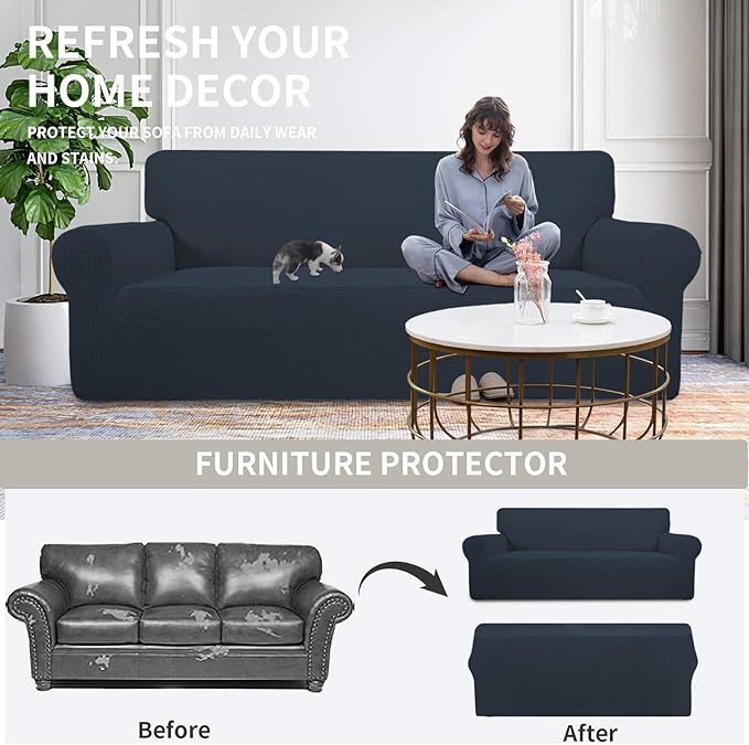 Easy-Going Stretch Oversized Chair Sofa Slipcover 1-Piece Couch Sofa Cover Furniture Protector Soft with Elastic Bottom for Kids Spandex Jacquard Fabric Small Checks Dark Blue