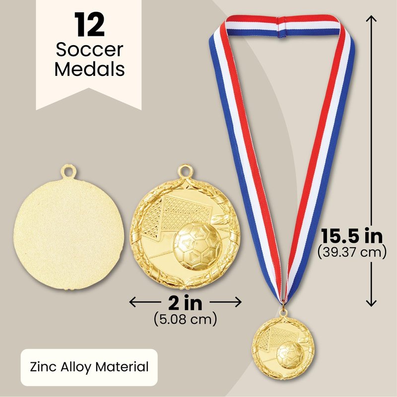 Juvale Soccer Medals - 12-Pack, 2-Inch Gold Zinc Alloy with 15.5-Inch Red, White & Blue Ribbons - Soccer Party Favors, Trophy Award - 1st Place Medals