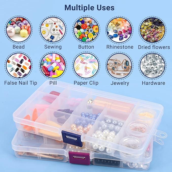Rhinestone Organizer Storage Box, 4PCS 15-Grid Small Clear Plastic Jewelry Case, Empty Container Dividers for Nail Art Craft Accessory, Display Holder for Fishing Tackle, Bead, Charms, Sewing