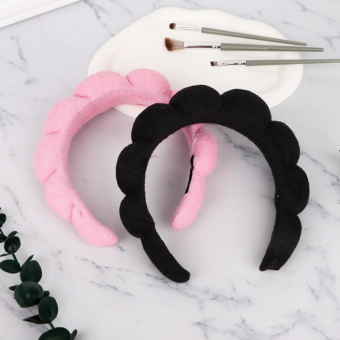 AMCAMI 2 PCS Puffy Spa Headband for Women Sponge Headbands for Girls Terry Towel Cloth Fabric Head Band for Skincare,Makeup Removal,Face Washing,Facial Mask,Shower,Hair Accessories（Black&Light Pink）