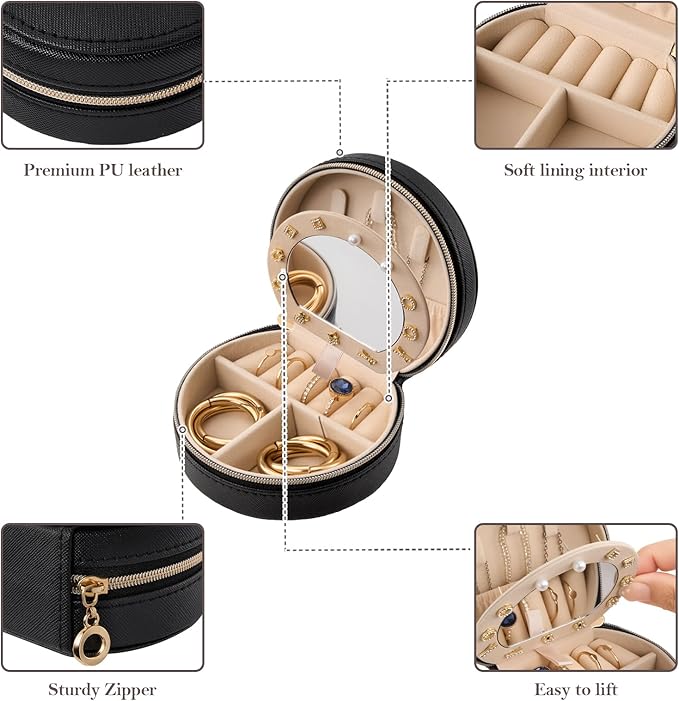 ProCase Travel Size Jewelry Box, Mini Portable Seashell-Shaped Jewelry Case with Mirror, 2 Layer Organizer in PU Leather for Women -Black