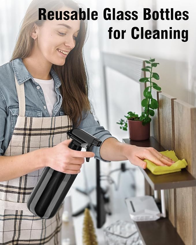 Bontip Glass Spray Bottle, Black Glass Spray Bottle Set & Accessories Refillable for Plants Window Cleaners Aromatherapy Facial hydration Watering Flowers Hair Care (2 Pack/16oz) (Black)