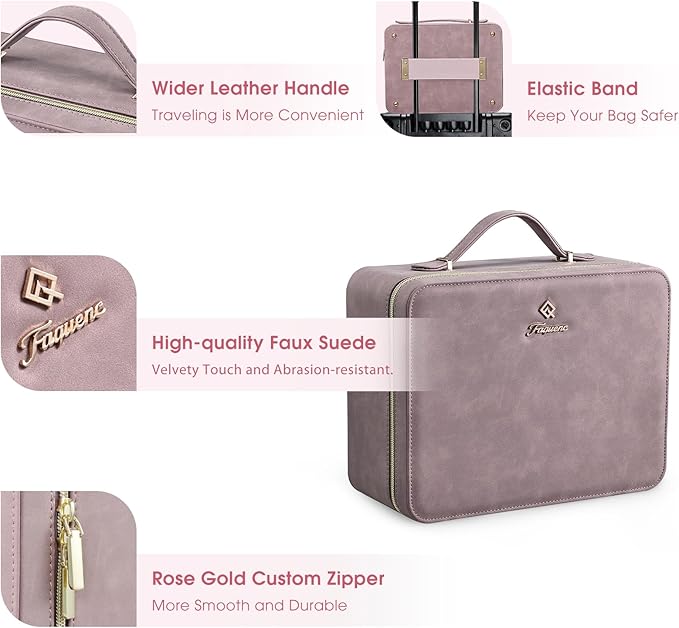 Faquenc Makeup Case with LED Lighted Mirror 11.4 Inch Travel Makeup Bag Adjustable Brightness in 3 Colors Cosmetic Organizer Artist Storage Bag with Dividers Brush Holder Bag Vanity Purple