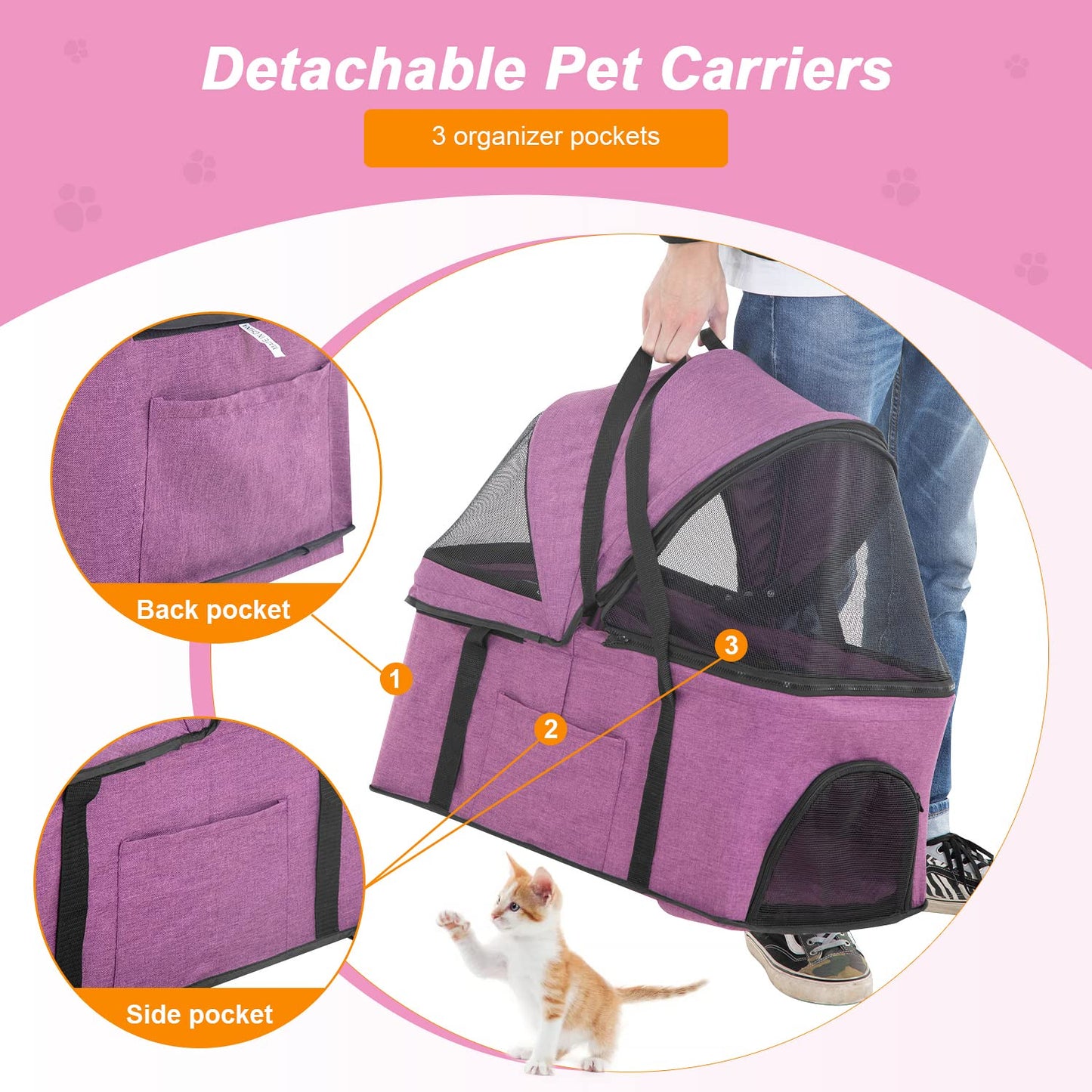 BestPet Pet Stroller Premium 3-in-1 Multifunction Dog Cat Jogger Stroller for Medium Small Dogs Cats with Folding Lightweight Travel & Detachable Carrier,Purple