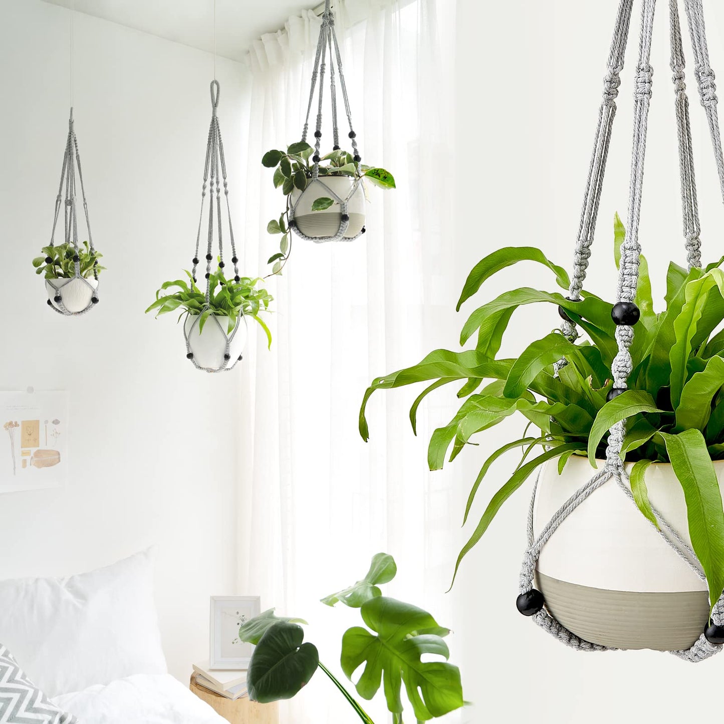 Mkono 3 Pack Macrame Plant Hangers Indoor Different Size Hanging Planter Basket Flower Pot Holder with Beads No Tassels 35"/29"/23", Medium, Grey