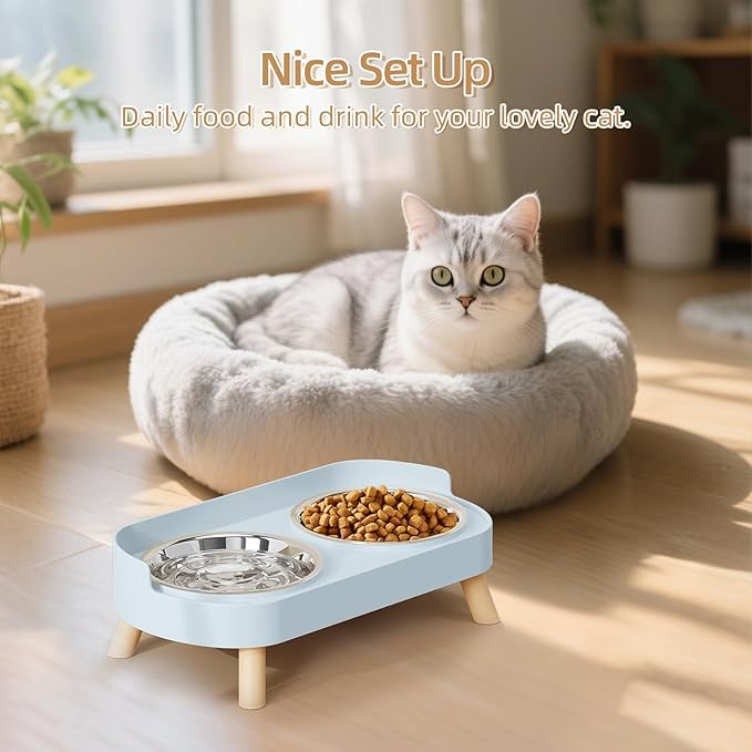 Elevated Cat Bowl, Raised Cat Food and Water Bowl Set for Indoor Cats, Splash Proof with 2 Stainless Steel Pet Food Bowls for Cats and Puppies, Whisker Fatigue and Dishwasher Safe - Blue