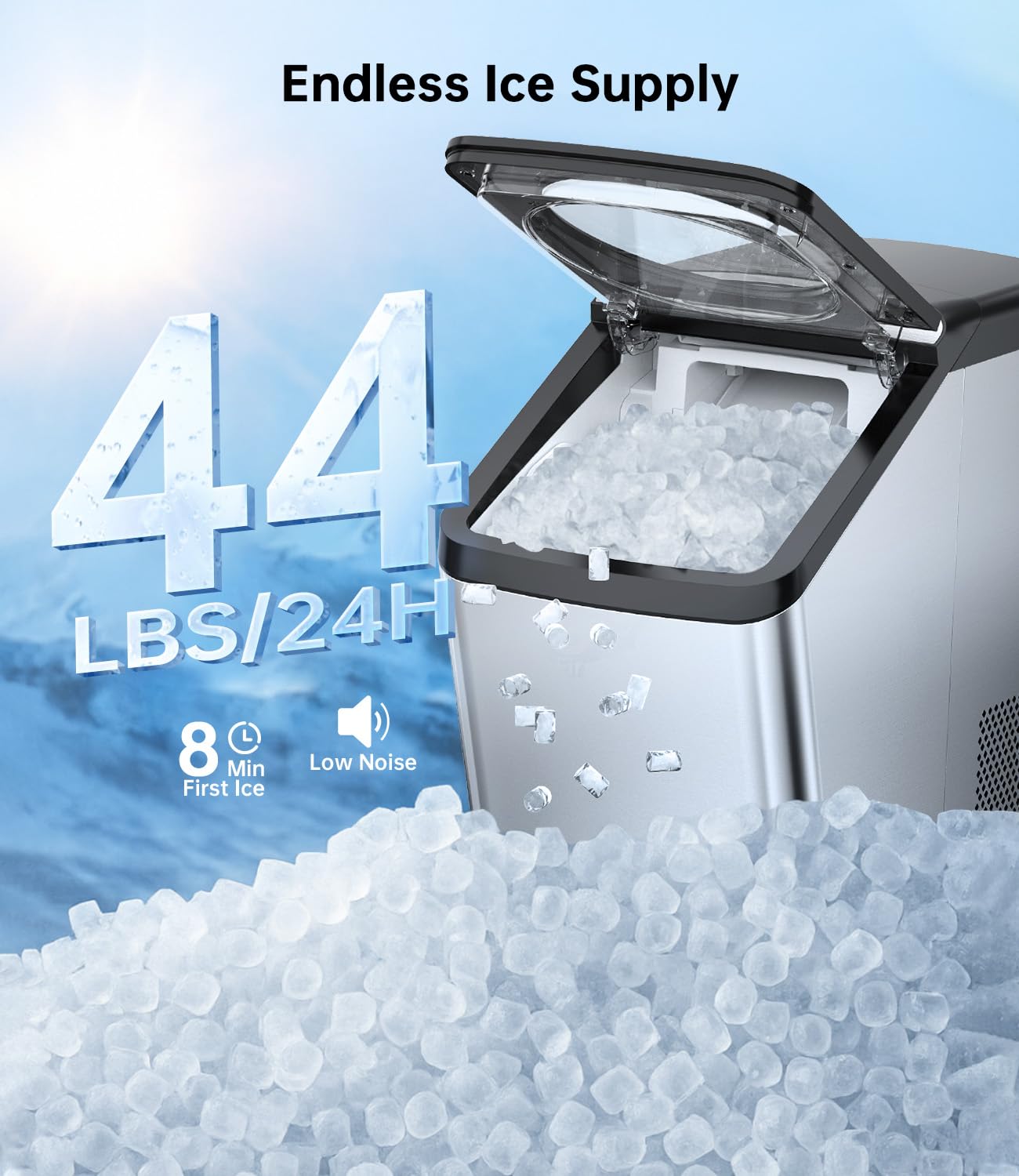 WIE Nugget Ice Maker Countertop, 44 lbs in 24 Hours, Pellet Ice Maker Machine with Self-Cleaning, Scoop & Basket Included, Crushed Pebble Ice Makers for Home, Office, Kitchen, Party