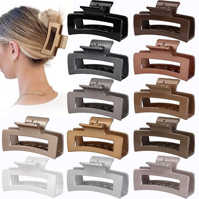 3.5 Inch Medium Hair Claw Clips 12 Pcs Square Claw for Thick and Thin Hair Rectangular Rectangle Hair Clips Jaw Clips Bulk Hair Accessories for women and Girls (Gold)