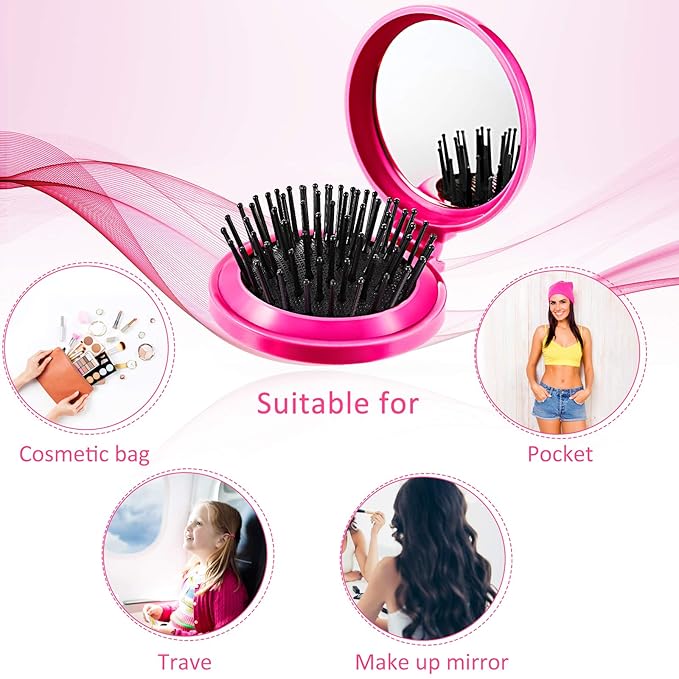 Boao 2 Pack Foldable Travel Mirror Hair Brushes Round Portable Folding Pocket Hair Brush Mini Comb Compact Travel Size Massage Comb for Men Women(Black, Rose Red,Round)