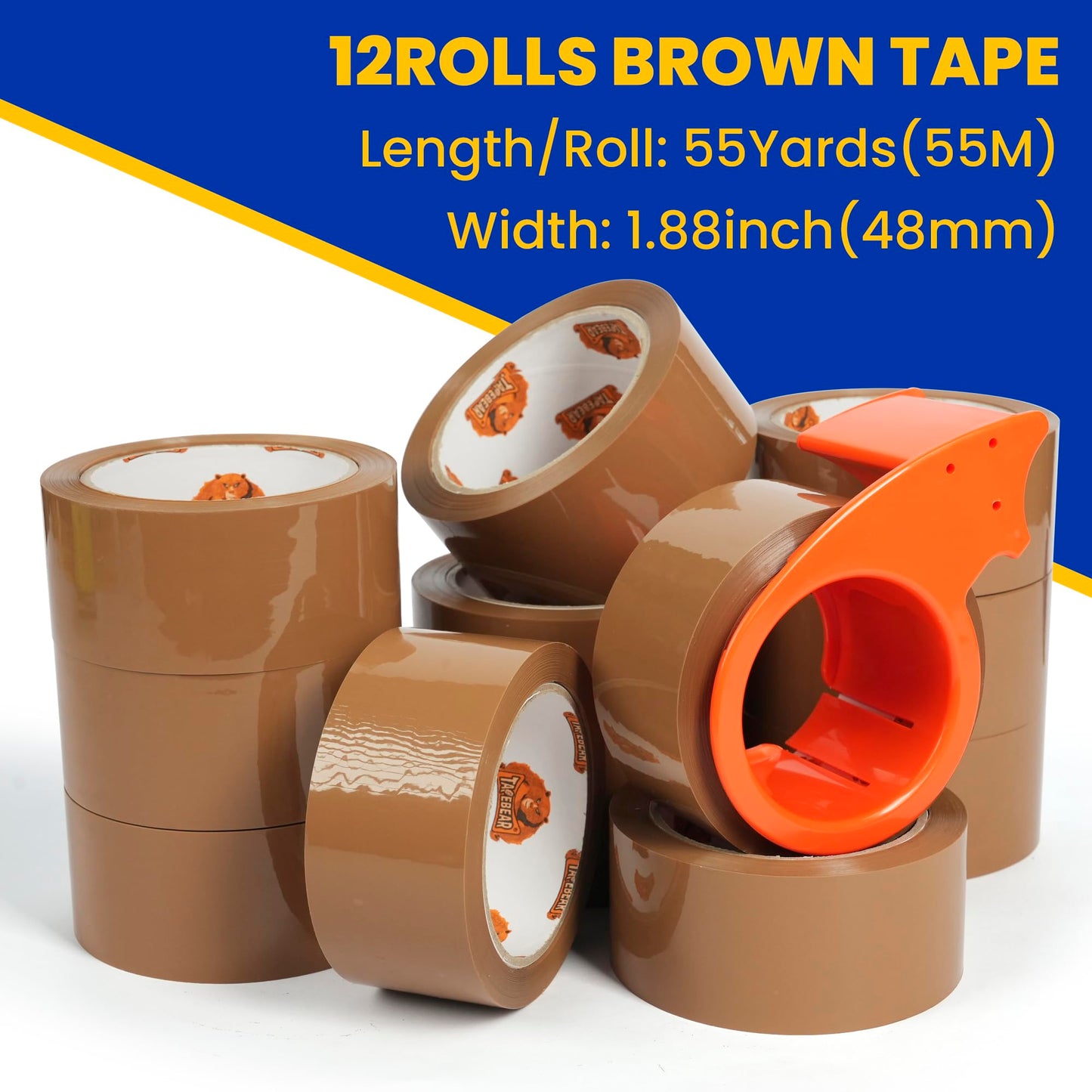 TAPEBEAR Brown Packing Tape with Dispenser, 2.6mil Thick, 1.88" x 55Yard Secure Sticky Brown Tape Heavy Duty Packaging Tape Refills for Carton Sealing, Shipping, Mailing & Storage