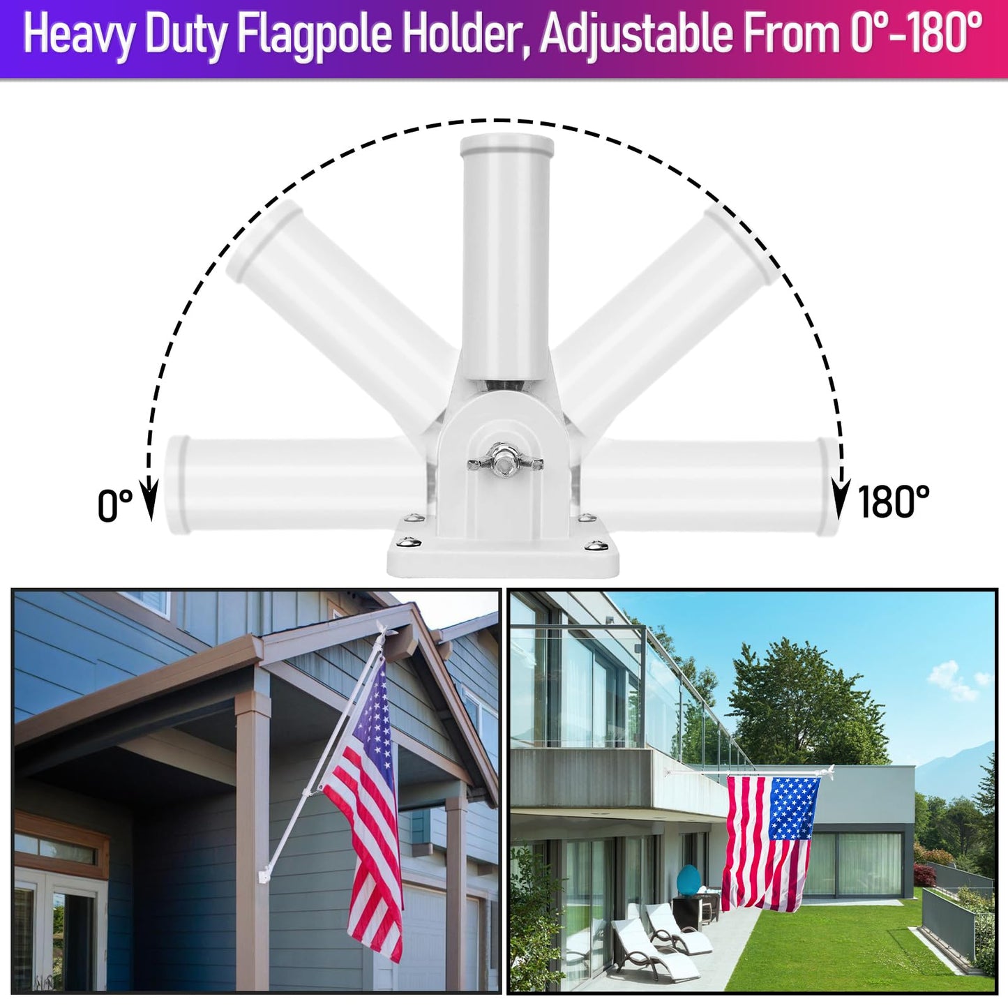 LETSTRY 5FT Flag Pole Kit for Outside House with Solar Light, 1" Thickened Stainless Steel with Adjustable Bracket, Wall Mount Flagpole for 3x5 American Flags for Outdoor, Residential, Porch (White)