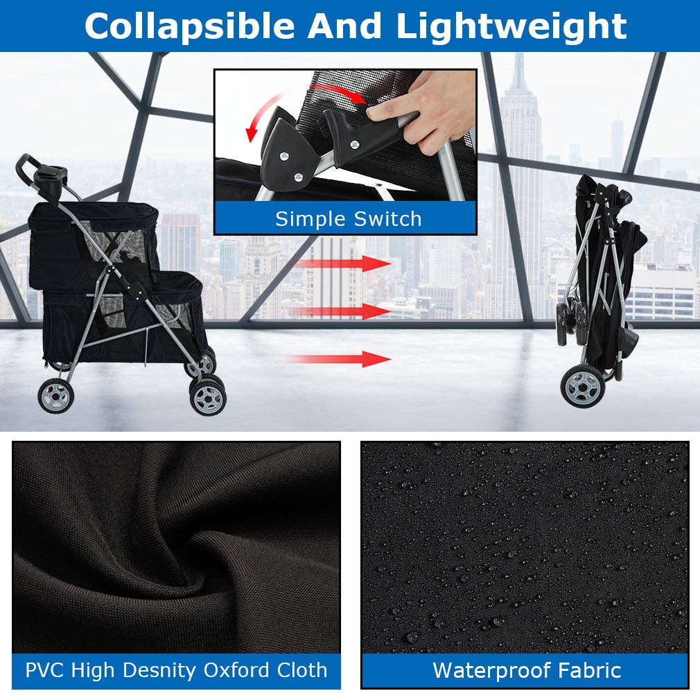 Dog Stroller Cat Pet Carriers for Small Medium Dogs Cats Travel Camping 4 Wheels Lightweight Folding Crate Stroller with Soft Pad (Black)