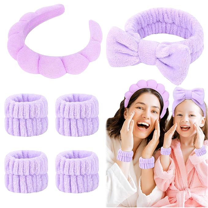 6 Pcs Terry Cloth Spa Headbands and Wristbands - Sponge Makeup Removal Headbands for Skincare, Shower, and Face Washing