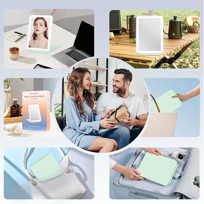 FUNTOUCH Rechargeable Travel Makeup Mirror with Lights, Portable 72 Led Lighted Makeup Mirror, 3 Color Lighting, Dimmable Touch Screen, Type C, Tabletop LED Folding Cosmetic Vanity Mirror