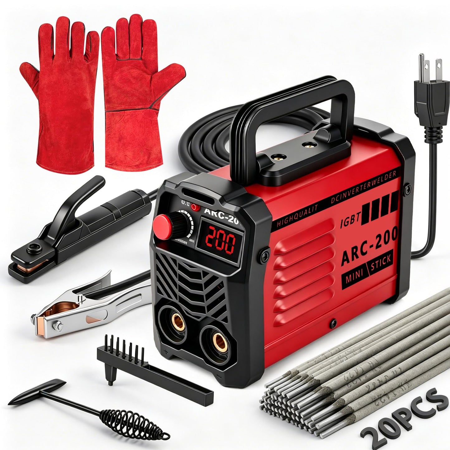 Hpoouo 200Amp 20PCS Rods Stick Welder, Super MINI Portable Welding Machine, IGBT Inverter Welder Machine 110V with Hot Start Arc Force Anti-Stick, for 1/16"-1/8" Rod ARC Welder, 2 Chip Hammers (Red)