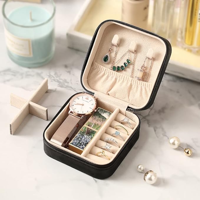 Travel Jewelry Case, Mini Portable Jewelry Travel Boxes, Small Jewelry Organizer for Rings, Earrings, Pendants, Watches, Necklaces, Lipsticks Organizer Storage Holder Case (Black)