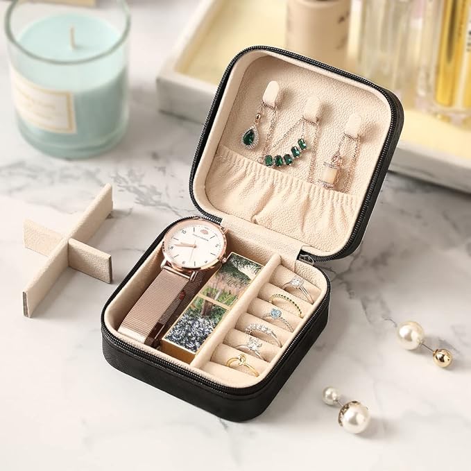 Travel Jewelry Case, Mini Portable Jewelry Travel Boxes, Small Jewelry Organizer for Rings, Earrings, Pendants, Watches, Necklaces, Lipsticks Organizer Storage Holder Case (Black-6packs)