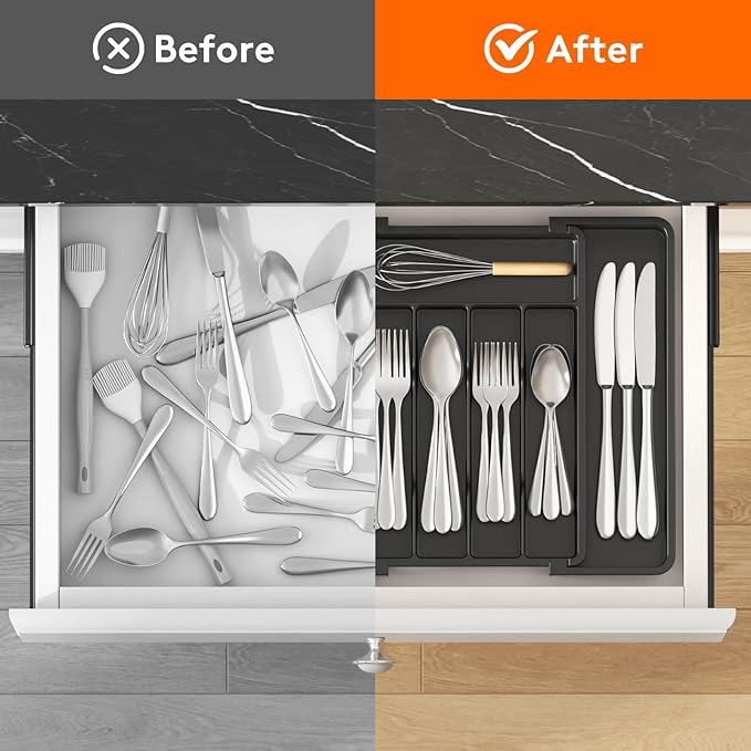 Lifewit Expandable Silverware Organizer, Plastic Utensil Tray for Kitchen Drawer, BPA Free Flatware Cutlery Holder, Space-Saving Storage for Spoons Forks Knives, 8.5-14 x 12 x 1.5 inch, Black