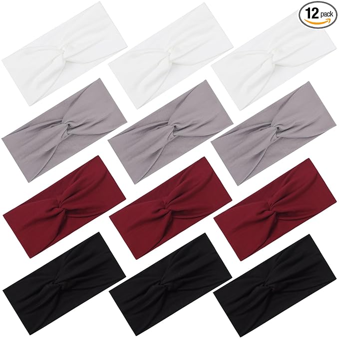 12 Pcs Stretchy Headbands for Women, Absorbed Sport Headband Soft Twist Knotted Hairbands for Daily Life Yoga Workout(Black/Grey/White/Red)