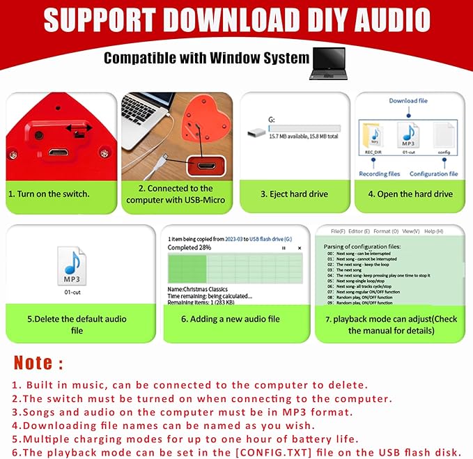 XLW 16min Voice Recorder, Personal Voice Message Recordable Sound Recorder Chips Module for Stuffed Animals, Christmas Valentine's Day Plush Toy & Manual DIY Creative Sound Gifts for Boys, Girls (Red)