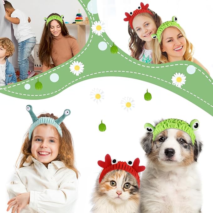 3 Pack Spa Headband Face Wash Hairband Facial Makeup Head Wraps Cartoon Elastic Head Band Cute Frog Snail Crab Shower Headband Creative Hair Accessories for Beauty Skincare Sports