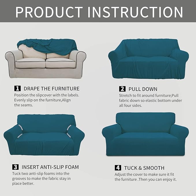 Easy-Going Stretch Oversized Chair Sofa Slipcover 1-Piece Couch Sofa Cover Furniture Protector Soft with Elastic Bottom for Kids Spandex Jacquard Fabric Small Checks Peacock Blue
