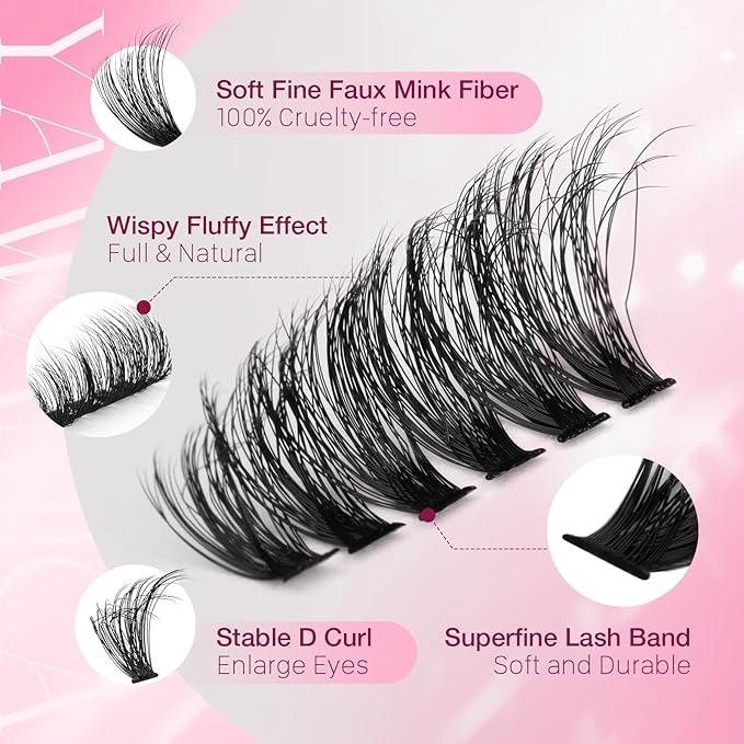 Yawamica Natural Fluffy Lash Clusters 50D Volume Eyelash Clusters 10-16mm Wispy Cluster Eyelash Extensions D Curl Individual Lashes with Thin Band DIY Lash Extension for Beginners