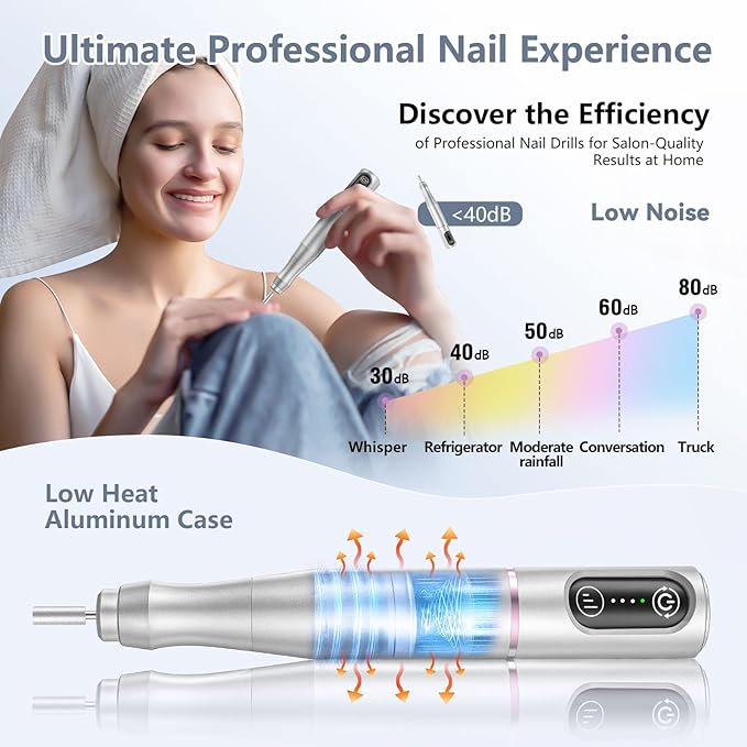 Cordless Nail Drill Electric Rechargeable File Kit, Professional Efile Acrylic Gel Nail Polish Remover Pedicure Manicure Machine Portable Set with 11 Bits 56 Sanding Bands for Salon Silver