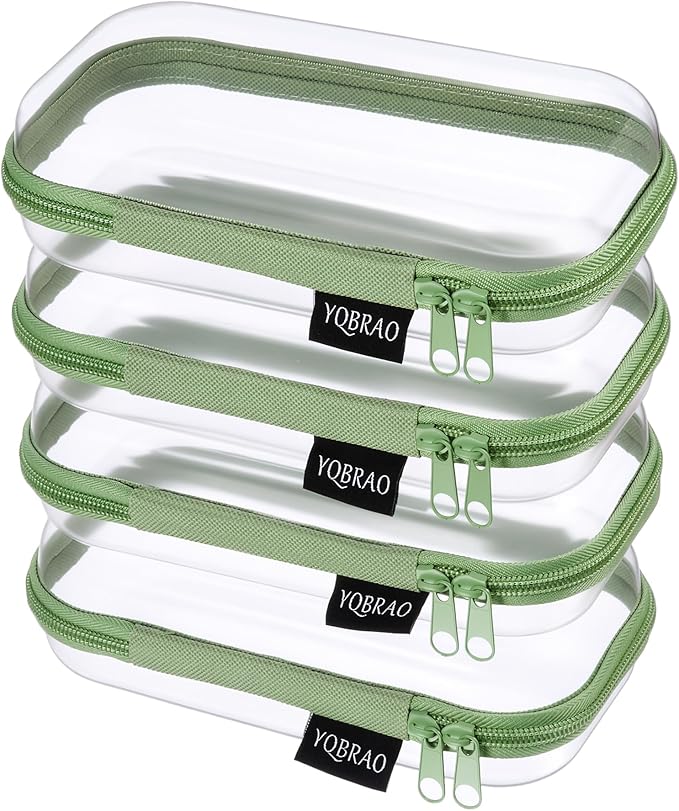 YQBRAO 4-Pack Clear Hard Shell Zipper Case, 1.2mm Ultra-Thick Diaper Bag Organizer Pouches, Rigid Self-Standing Travel Makeup Bags with YKK Zippers, TSA Approved, Green