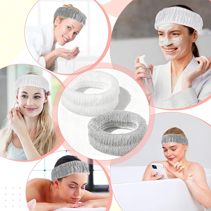 2Pcs Spa Headband, Make Up Headband Hair Head Band for Face Washing Hair Bands Men Absorbent Elastic Skin Care Head Band Wrap for Women Yoga Sports Shower Exercise (Gray, White)