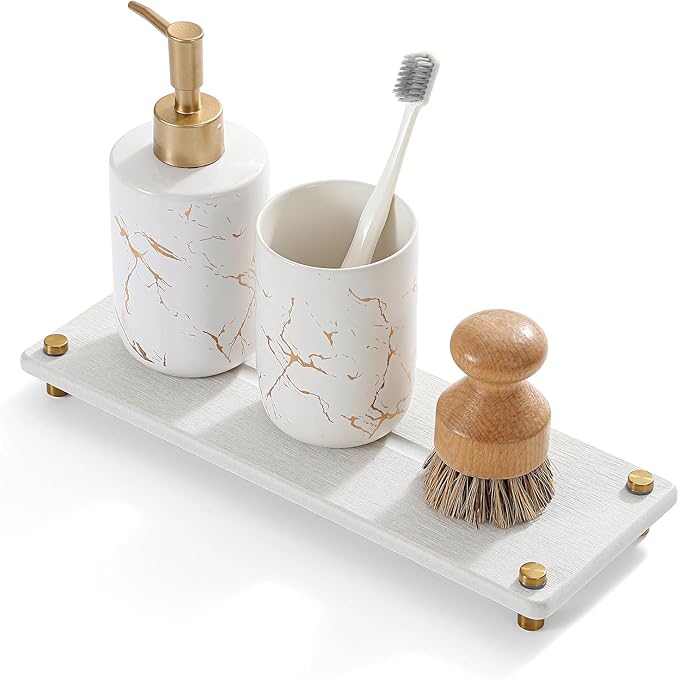Water Absorbing Stone Sink Caddy Kitchen Sink Organizer Tray, Diatomite Bathroom Counter Tray, Gold Faucet Drying Mat Coaster Soap Dish Rack Riser Dispenser Sponge Holder, Beige 12.5" x 4.5"