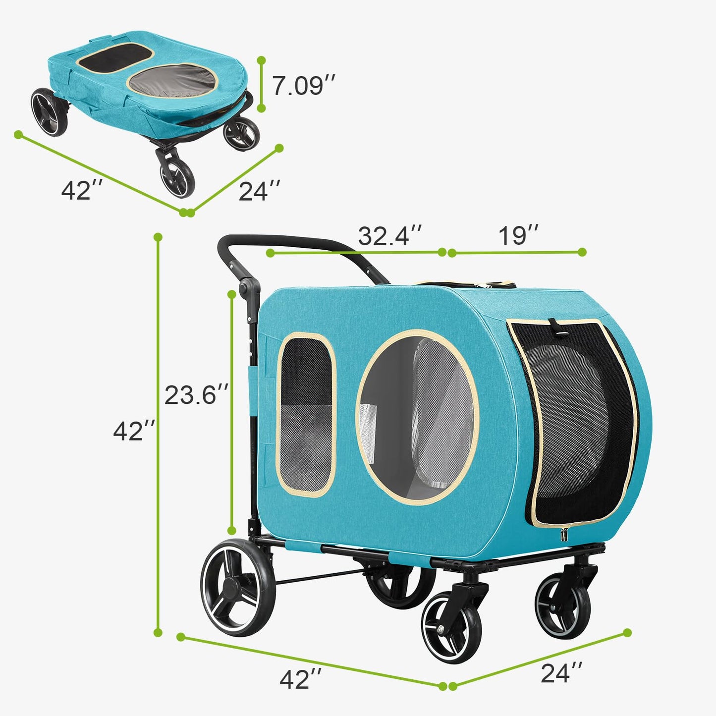 2025 Upgraded Dog Stroller for Large & Medium Dogs，Pet Stroller for 2 Small Dogs, Foldable Jogger Wagon with Detachable Carrier for Car Seat, Adjustable Handle, Up to 90 lbs, Blue