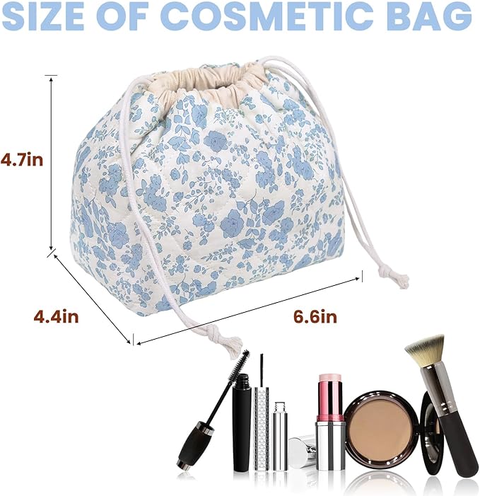 Large Makeup Bag, Cute Drawstring Cosmetic Bag with Canvas Lining, Floral Coquette Aesthetic Toiletry Bag, Travel Make Up Organizer Bag for Women and Girl (Blue Flower)